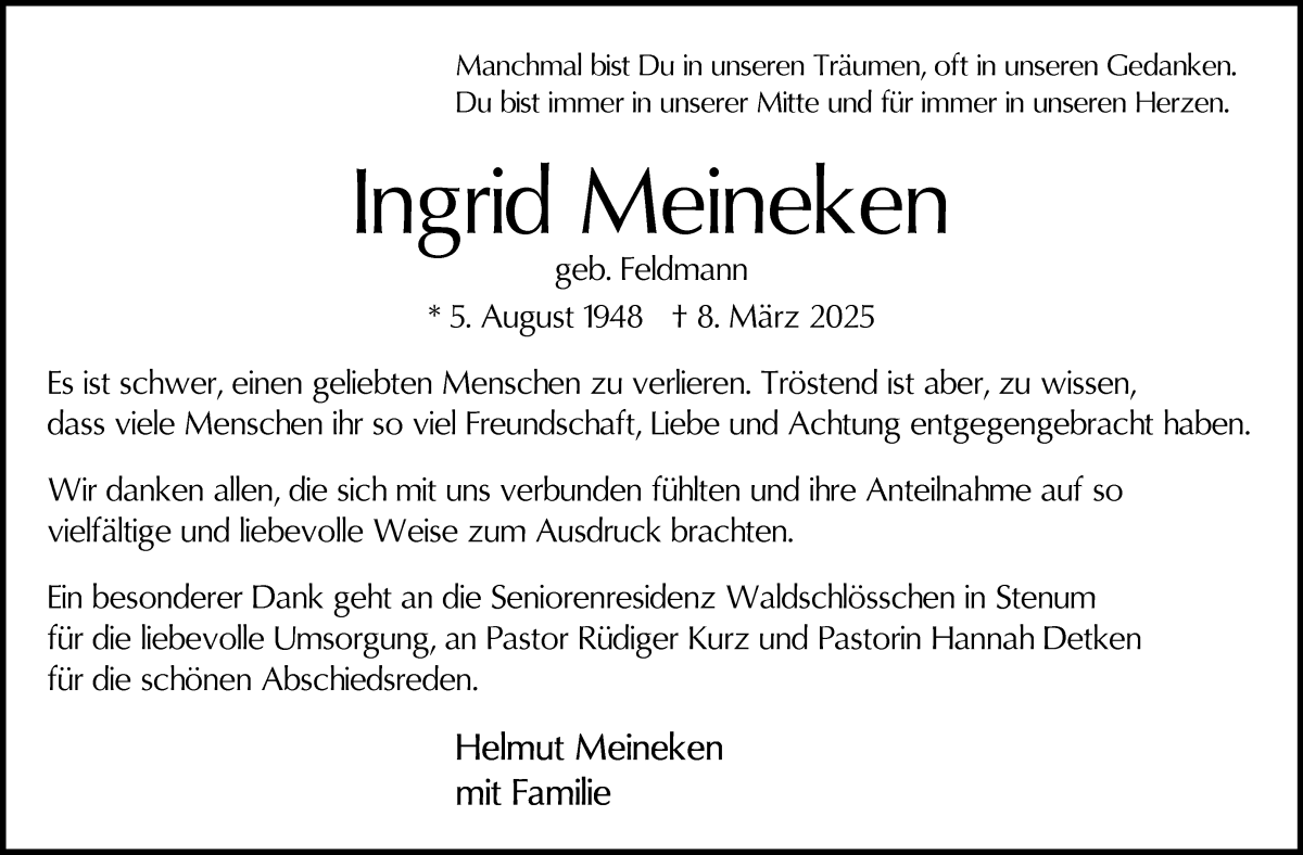 Traueranzeige von Ingrid Meineken von WESER-KURIER