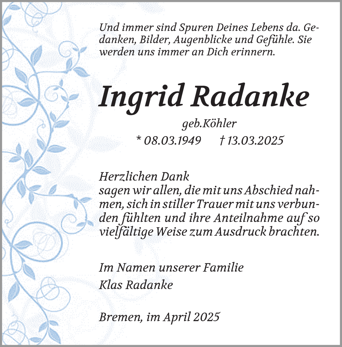 Traueranzeige von Ingrid Radanke von WESER-KURIER