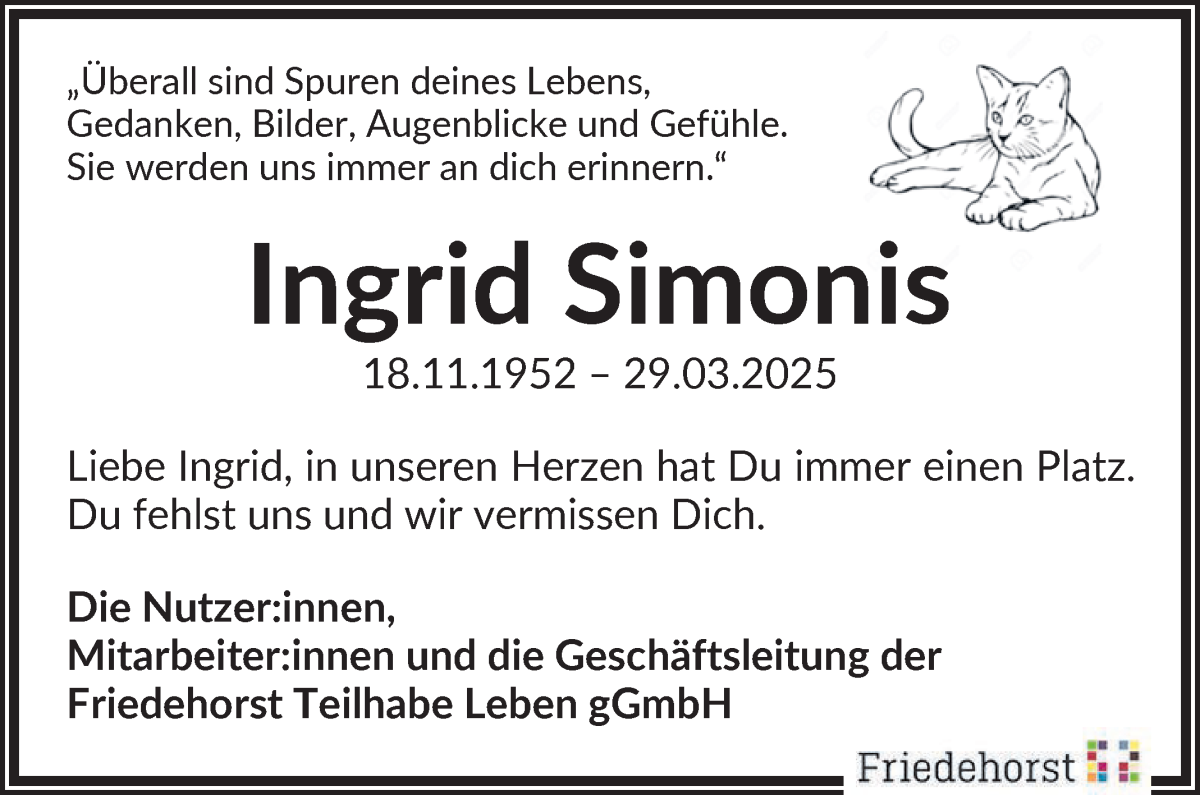 Traueranzeige von Ingrid Simonis von WESER-KURIER