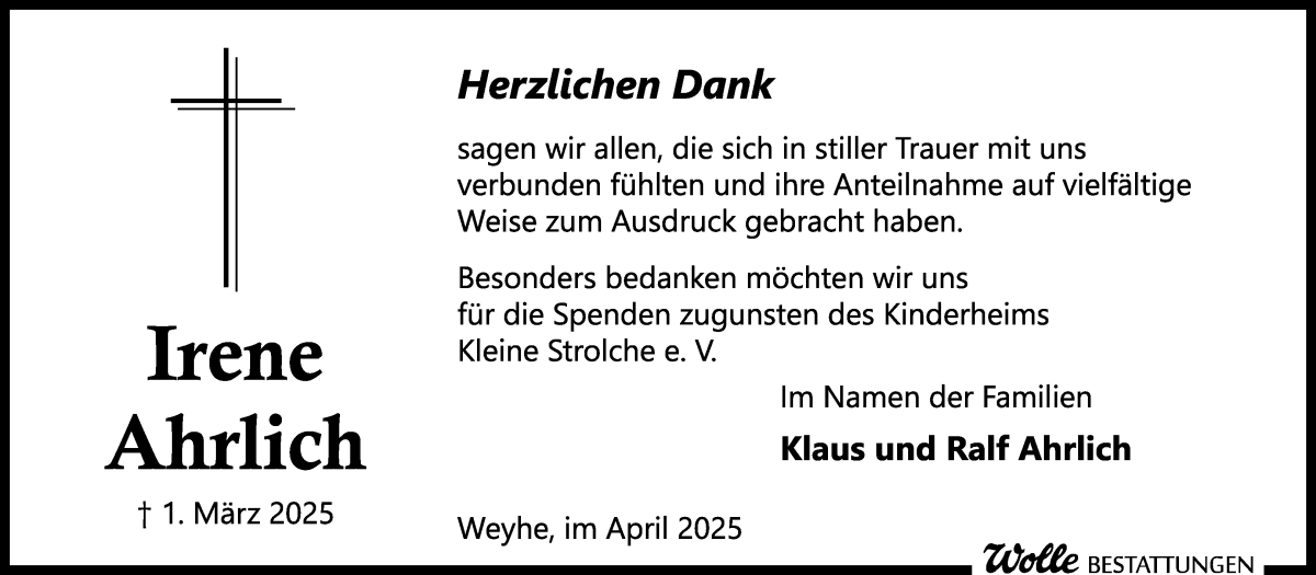 Traueranzeige von Irene Ahrlich von Regionale Rundschau/Syker Kurier