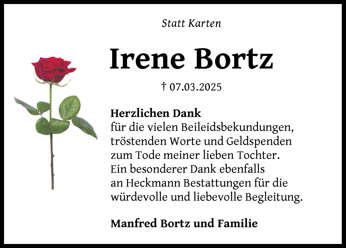 Traueranzeige von Irene Bortz von Die Norddeutsche