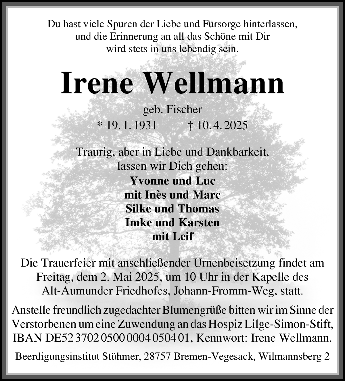 Traueranzeige von Irene Wellmann von Die Norddeutsche