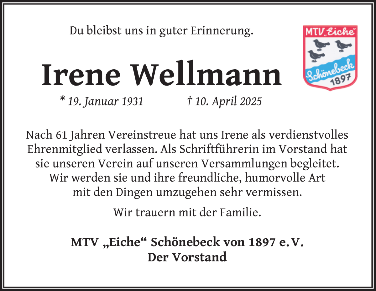 Traueranzeige von Irene Wellmann von Die Norddeutsche