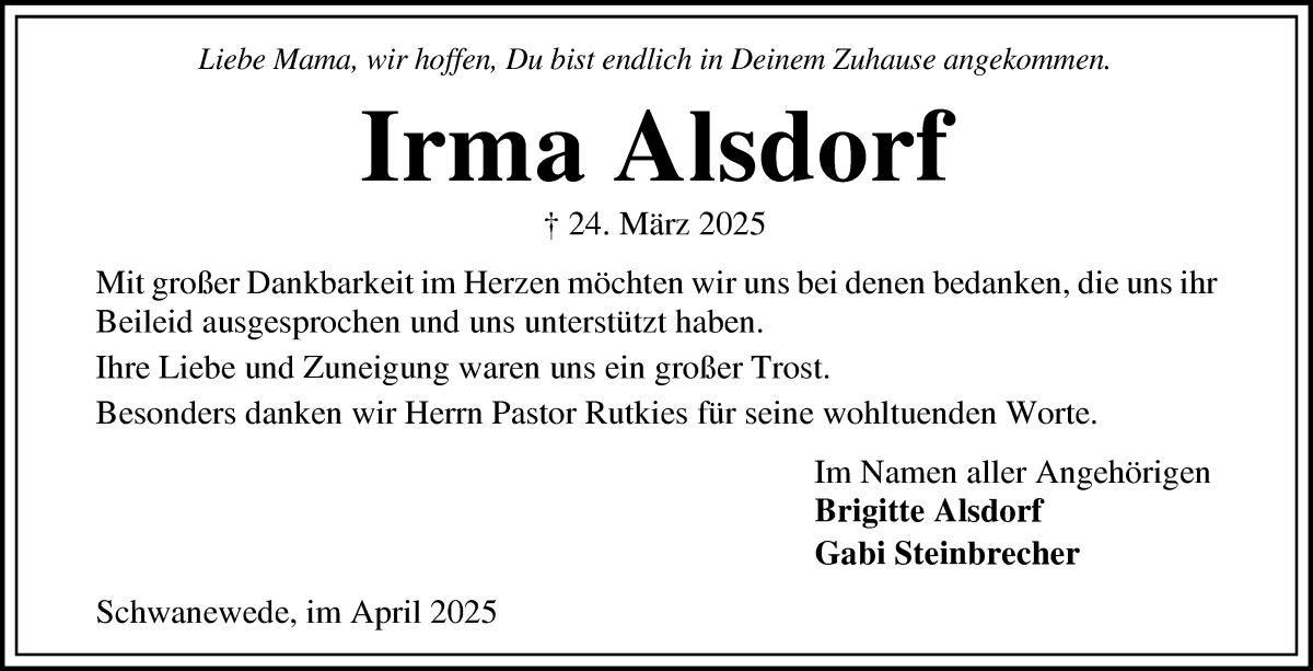 Traueranzeige von Irma Alsdorf von Die Norddeutsche