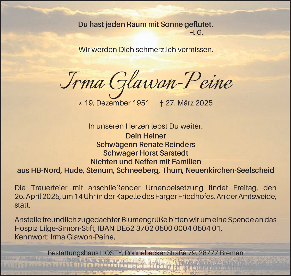 Traueranzeige von Irma Glawon-Peine von Die Norddeutsche