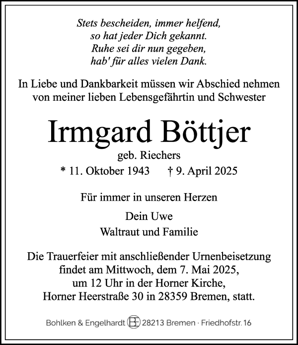Traueranzeige von Irmgard Böttjer von WESER-KURIER