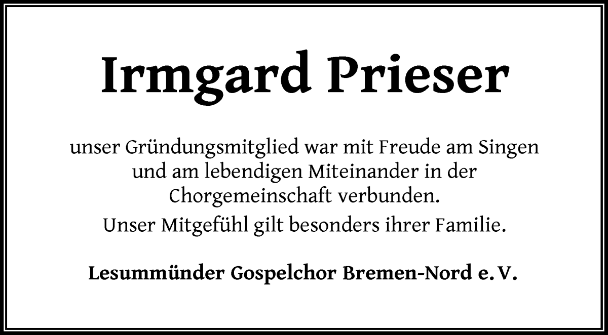 Traueranzeige von Irmgard Prieser von Die Norddeutsche