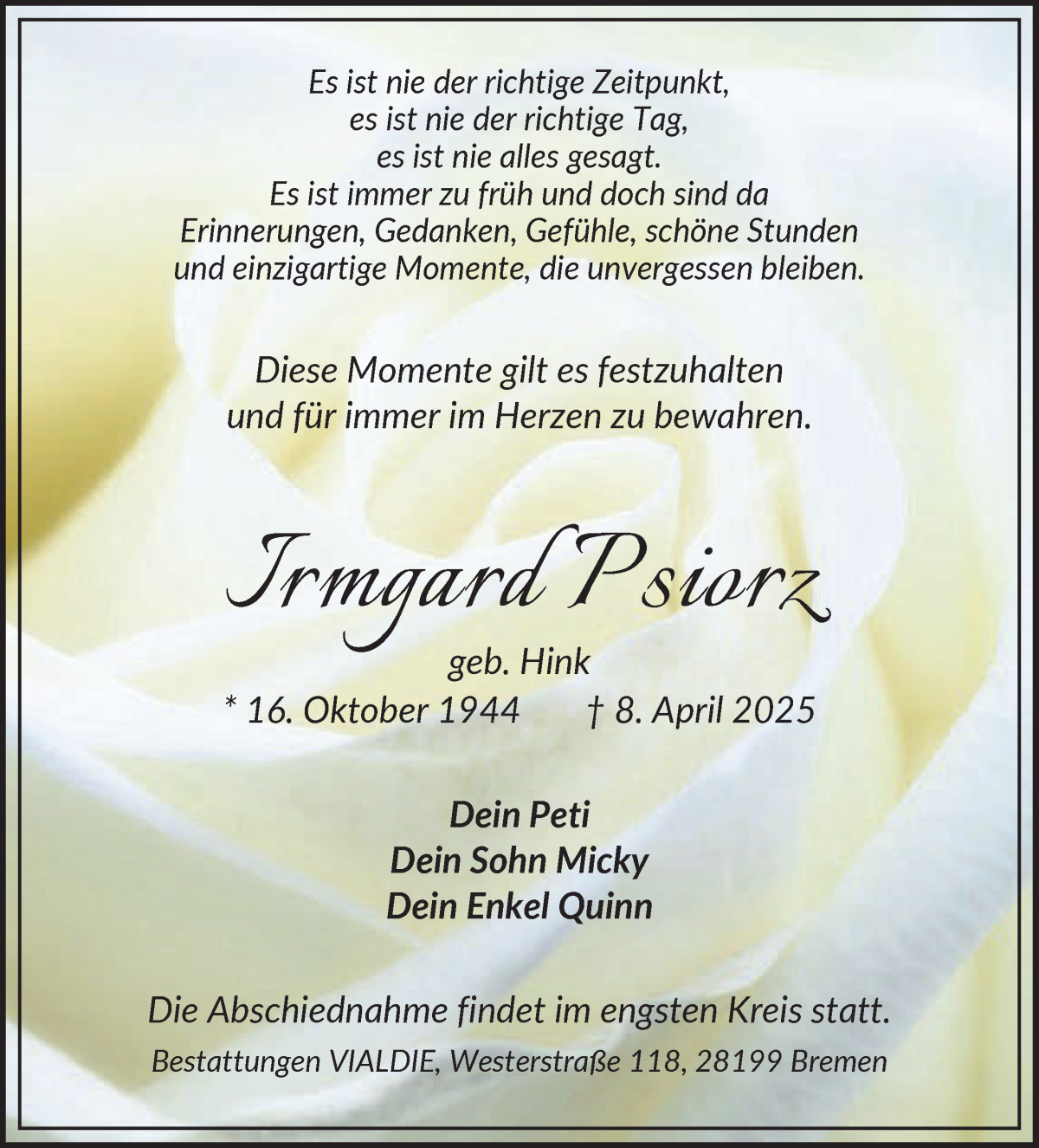 Traueranzeige von Irmgard Psiorz von WESER-KURIER