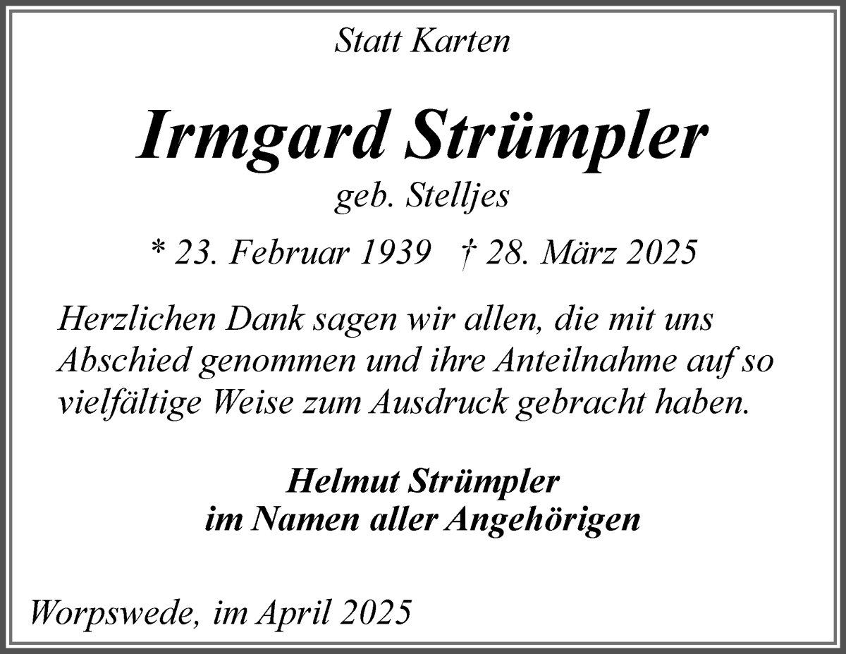 Traueranzeige von Irmgard Strümpler von Wuemme Zeitung