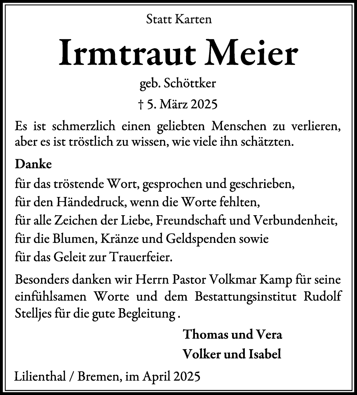 Traueranzeige von Irmtraut Meier von Wuemme Zeitung
