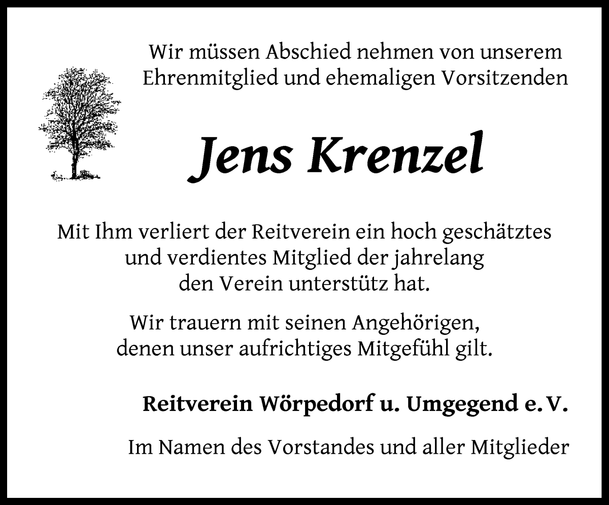 Traueranzeige von Jens Krenzel von Wuemme Zeitung
