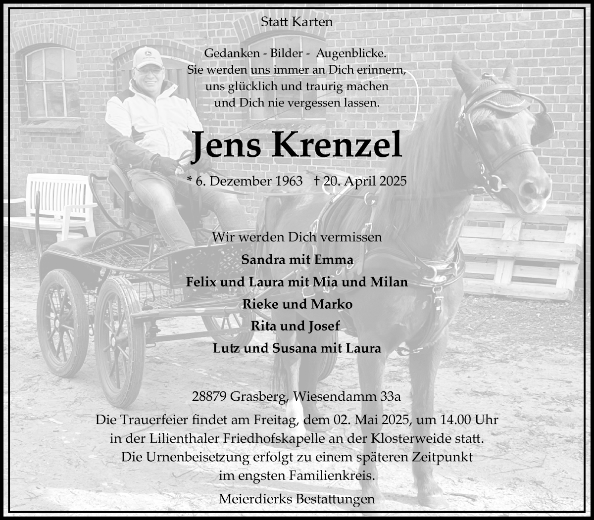 Traueranzeige von Jens Krenzel von Wuemme Zeitung