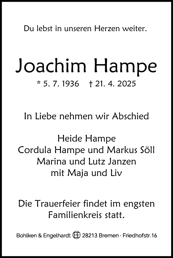 Traueranzeige von Joachim Hampe von WESER-KURIER