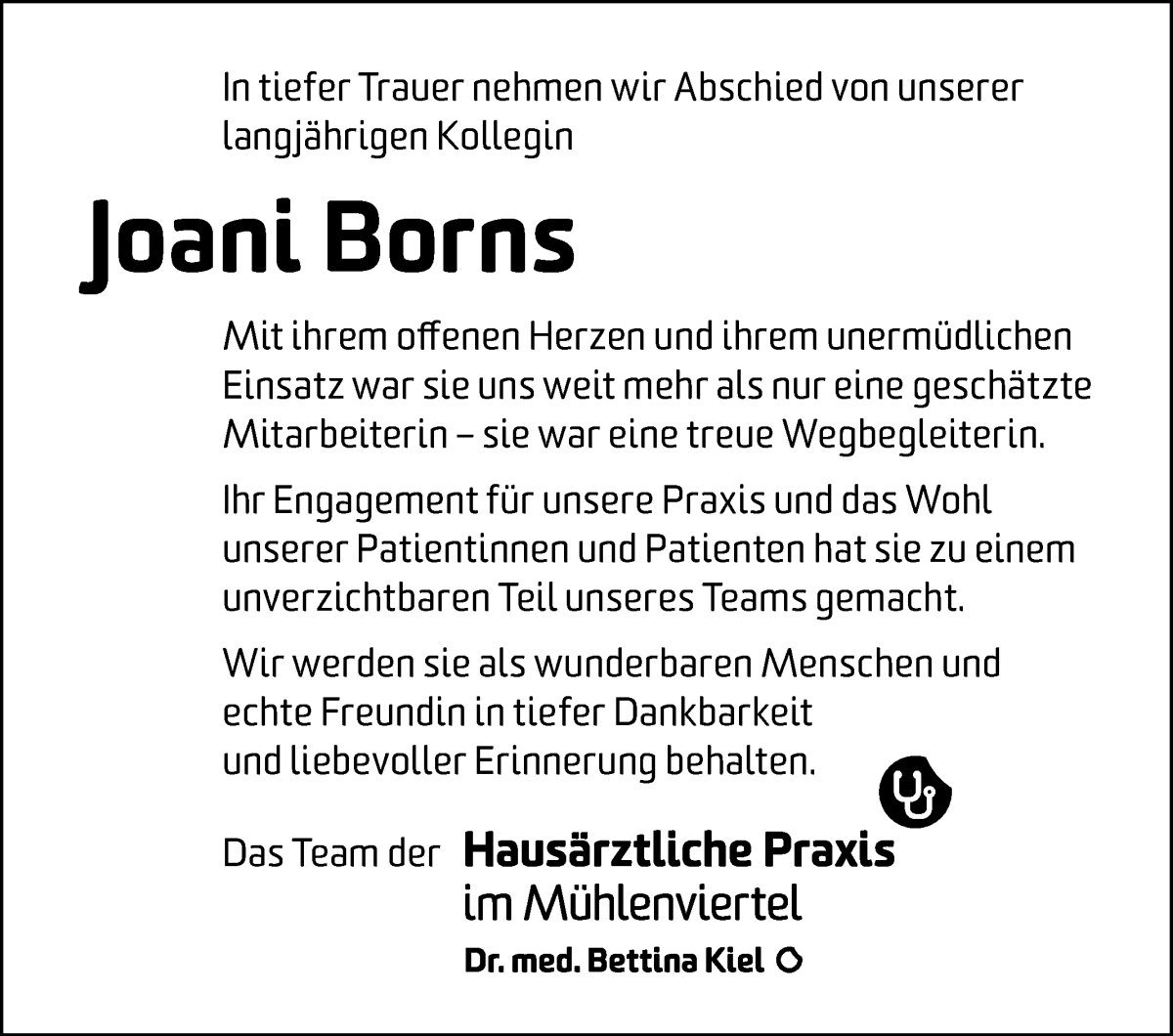 Traueranzeige von Joani Borns von WESER-KURIER