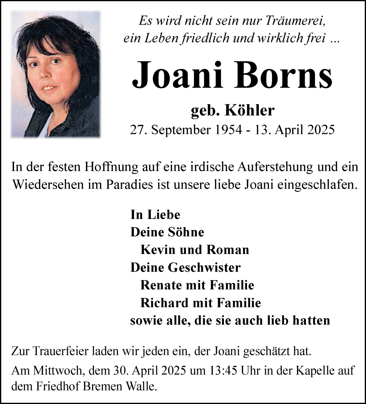 Traueranzeige von Joani Borns von WESER-KURIER