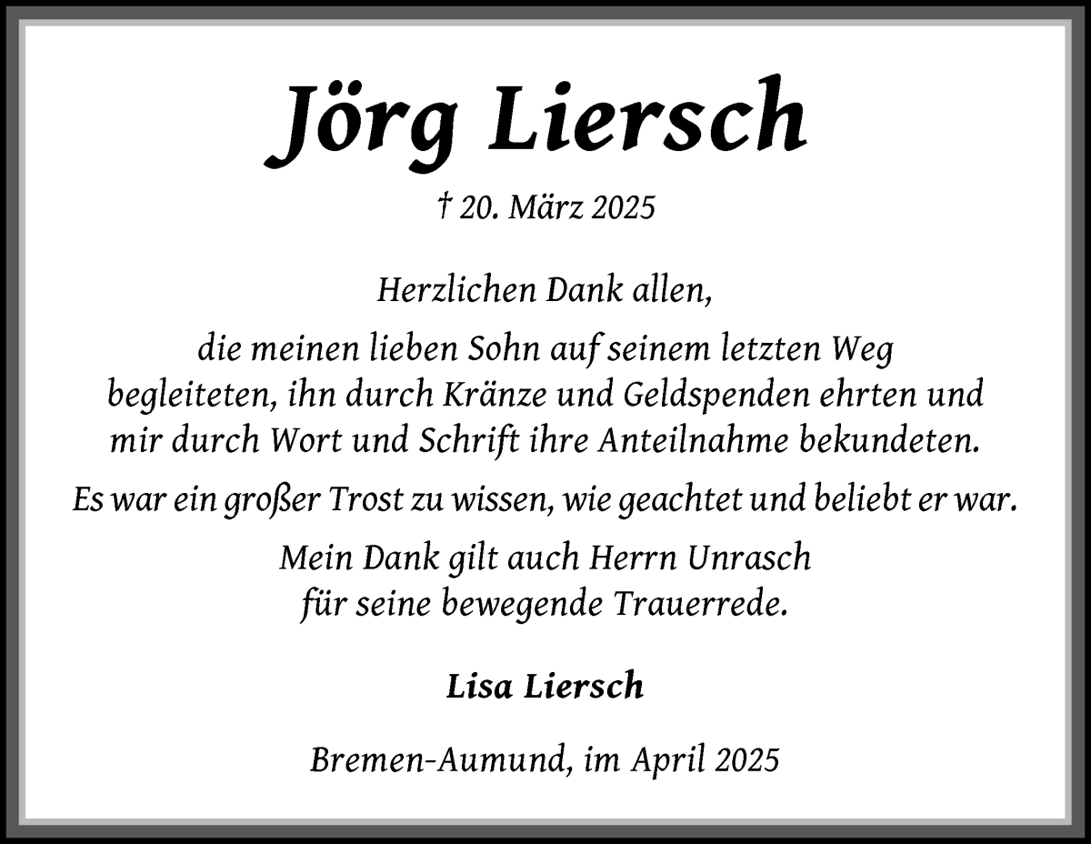 Traueranzeige von Jörg Liersch von Die Norddeutsche