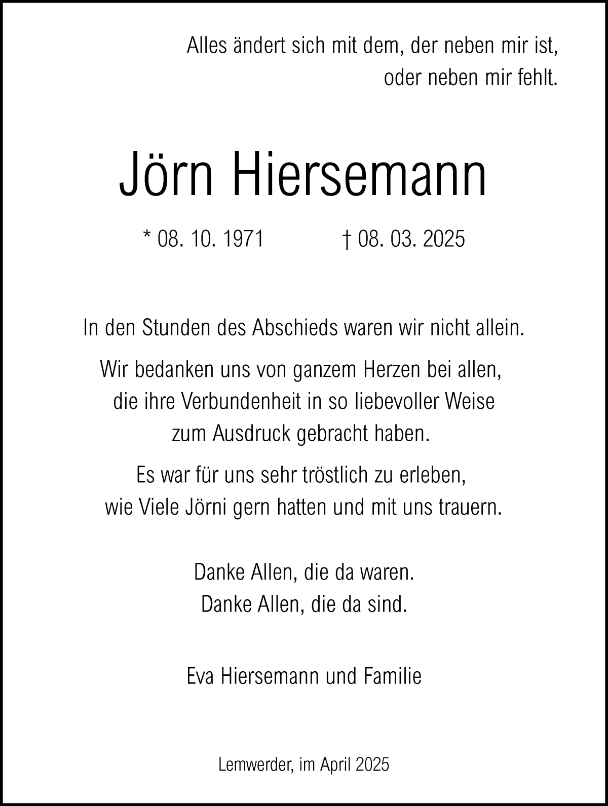 Traueranzeige von Jörn Hiersemann von Die Norddeutsche