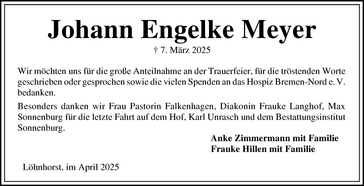 Traueranzeige von Johann Engelke Meyer von Osterholzer Kreisblatt