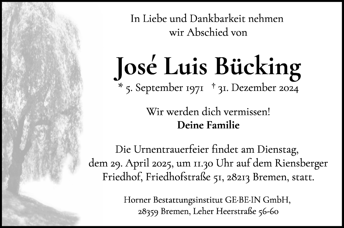 Traueranzeige von José Luis Bücking von WESER-KURIER