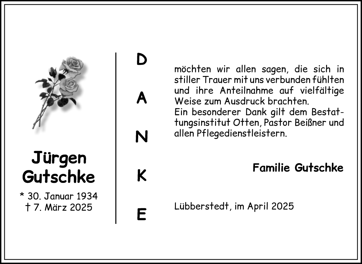 Traueranzeige von Jürgen Gutschke von Osterholzer Kreisblatt