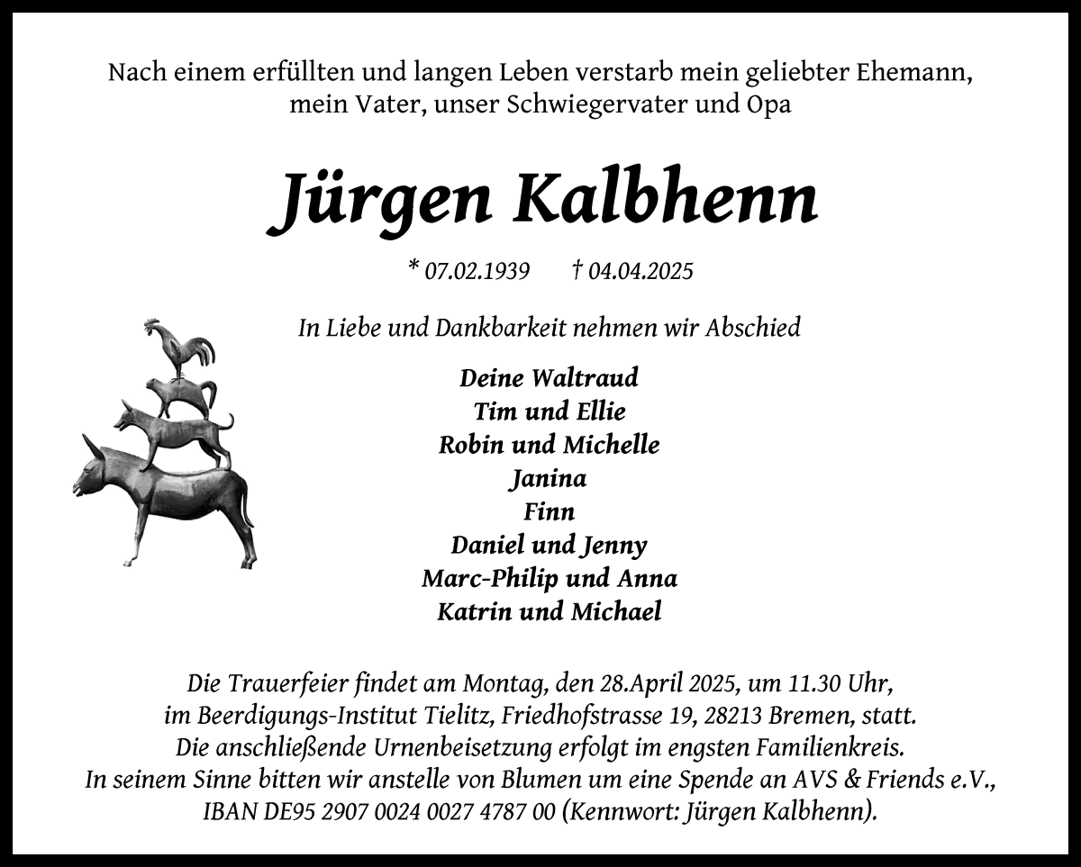 Traueranzeige von Jürgen Kalbhenn von WESER-KURIER