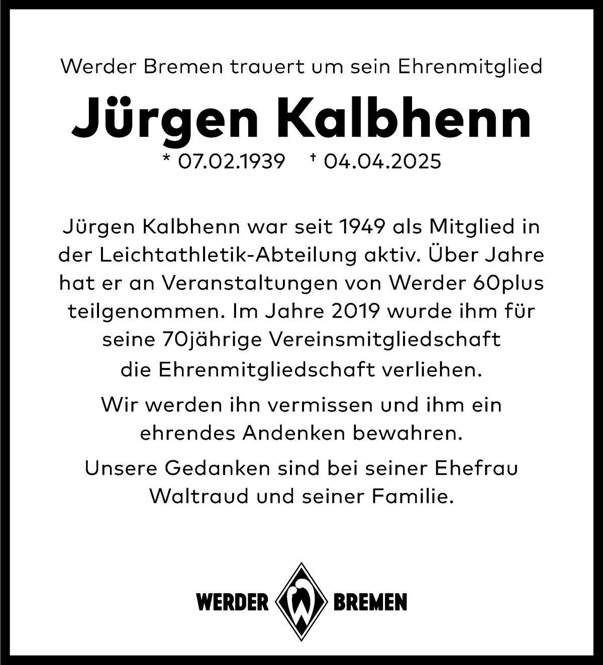 Traueranzeige von Jürgen Kalbhenn von WESER-KURIER