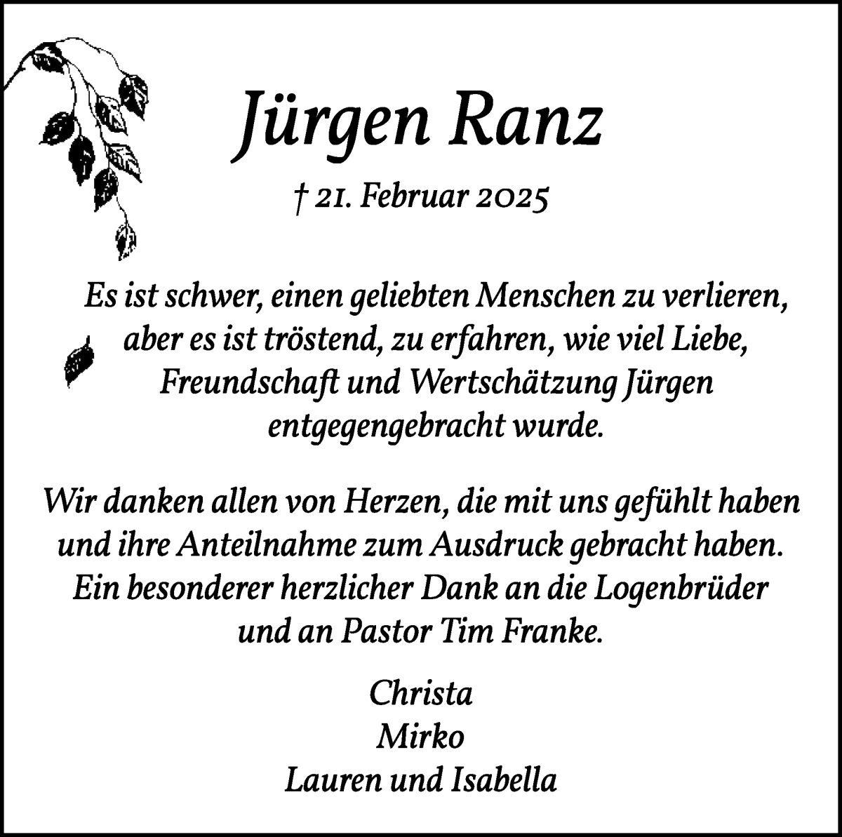 Traueranzeige von Jürgen Ranz von WESER-KURIER