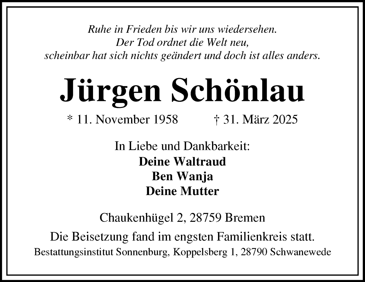 Traueranzeige von Jürgen Schönlau von Die Norddeutsche