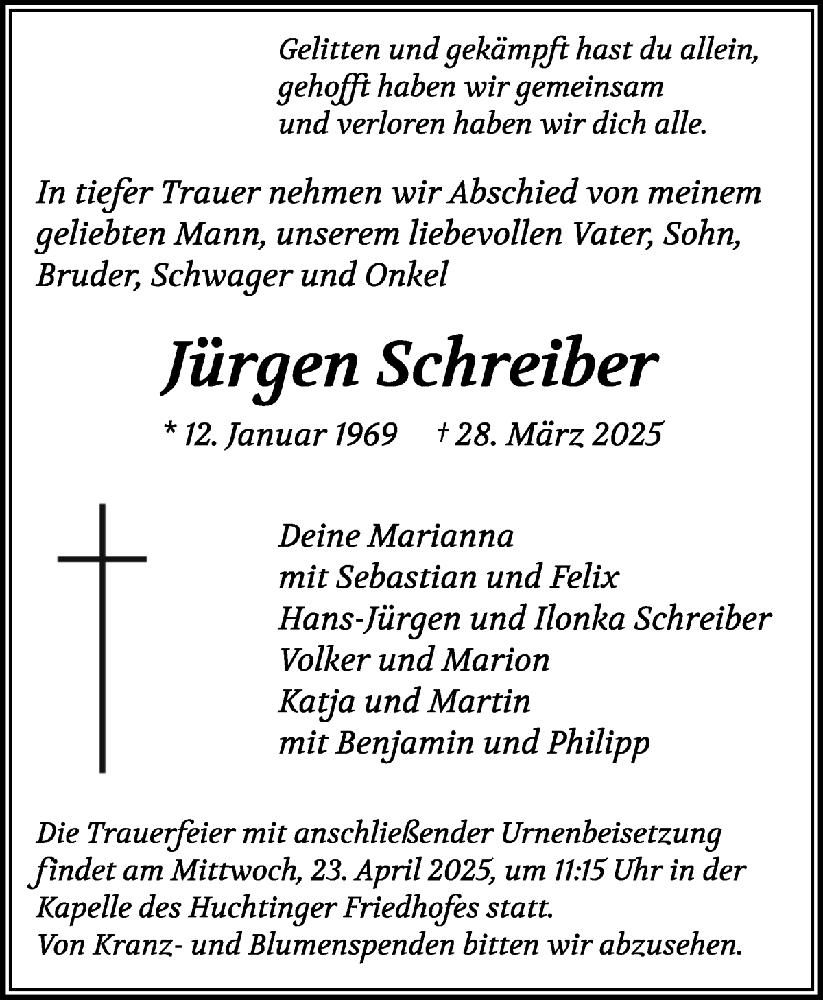Traueranzeige von Jürgen Schreiber von WESER-KURIER