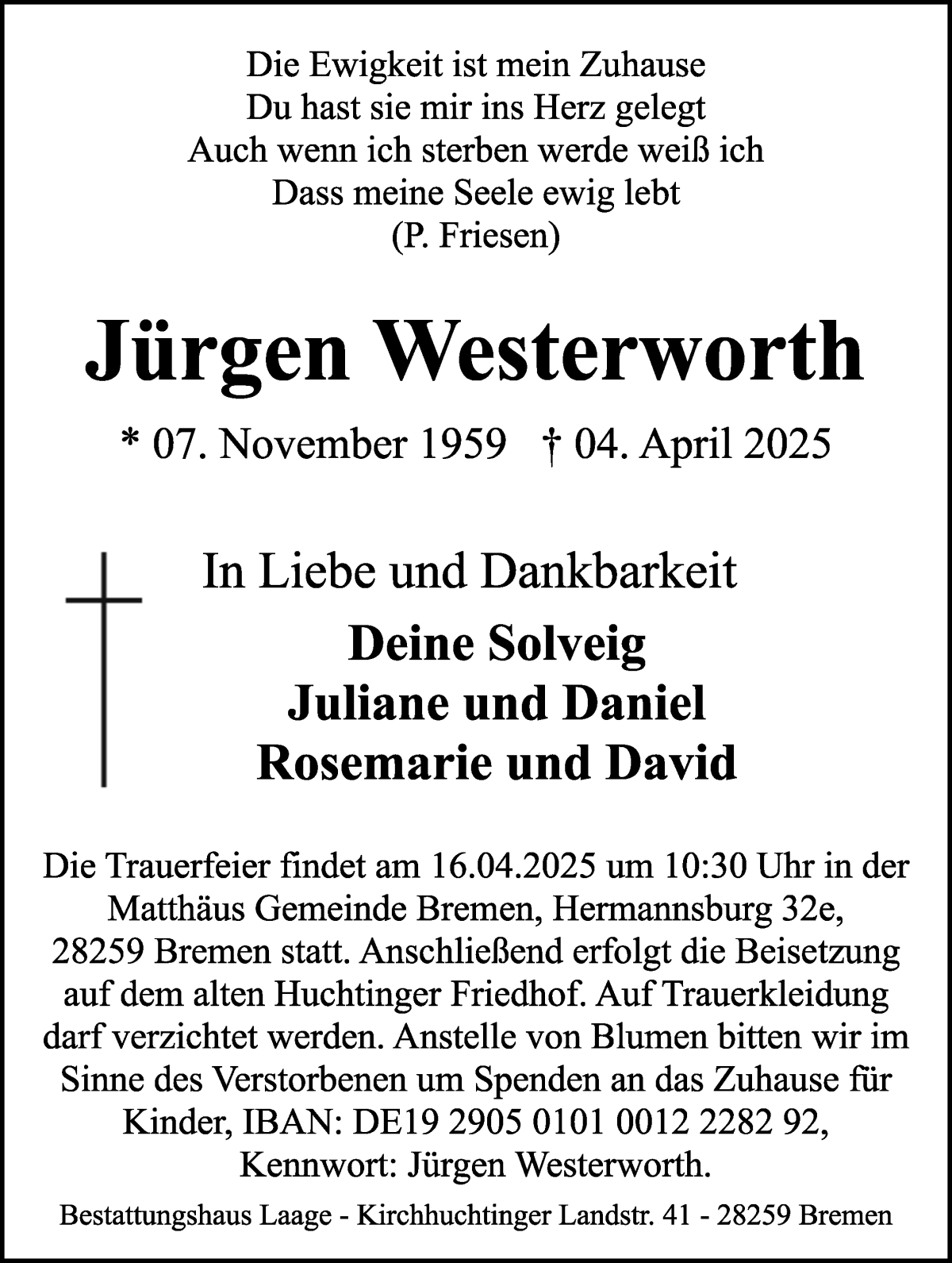 Traueranzeige von Jürgen Westerworth von WESER-KURIER