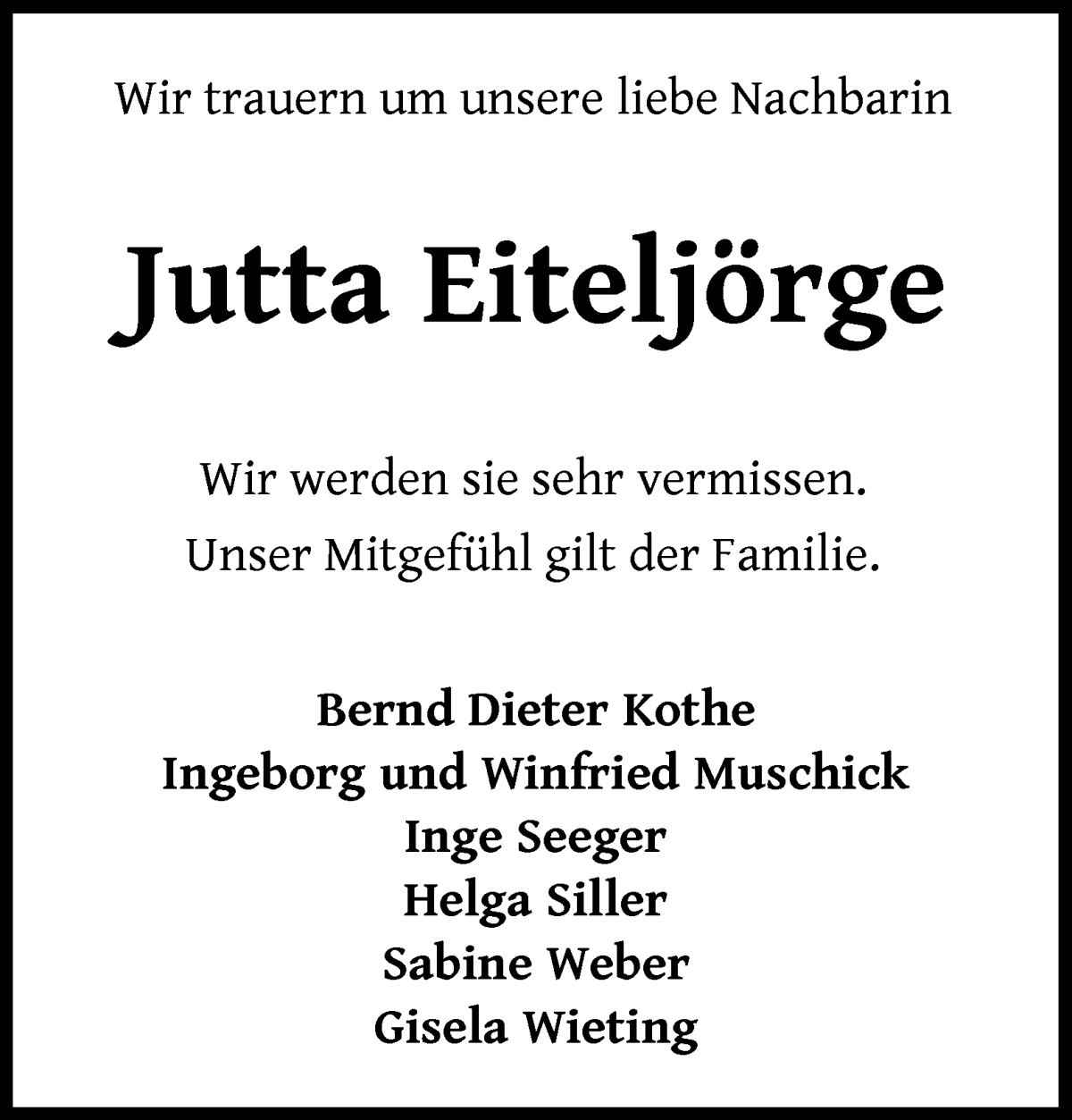 Traueranzeige von Jutta Eiteljörge von Wuemme Zeitung