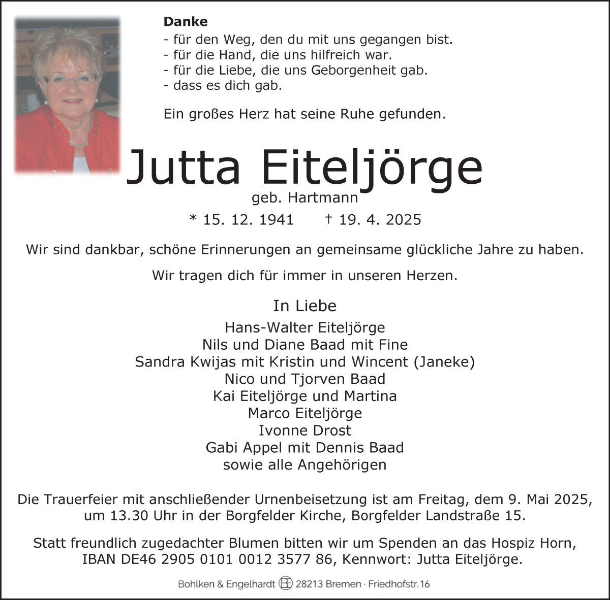 Traueranzeige von Jutta Eiteljörge von WESER-KURIER