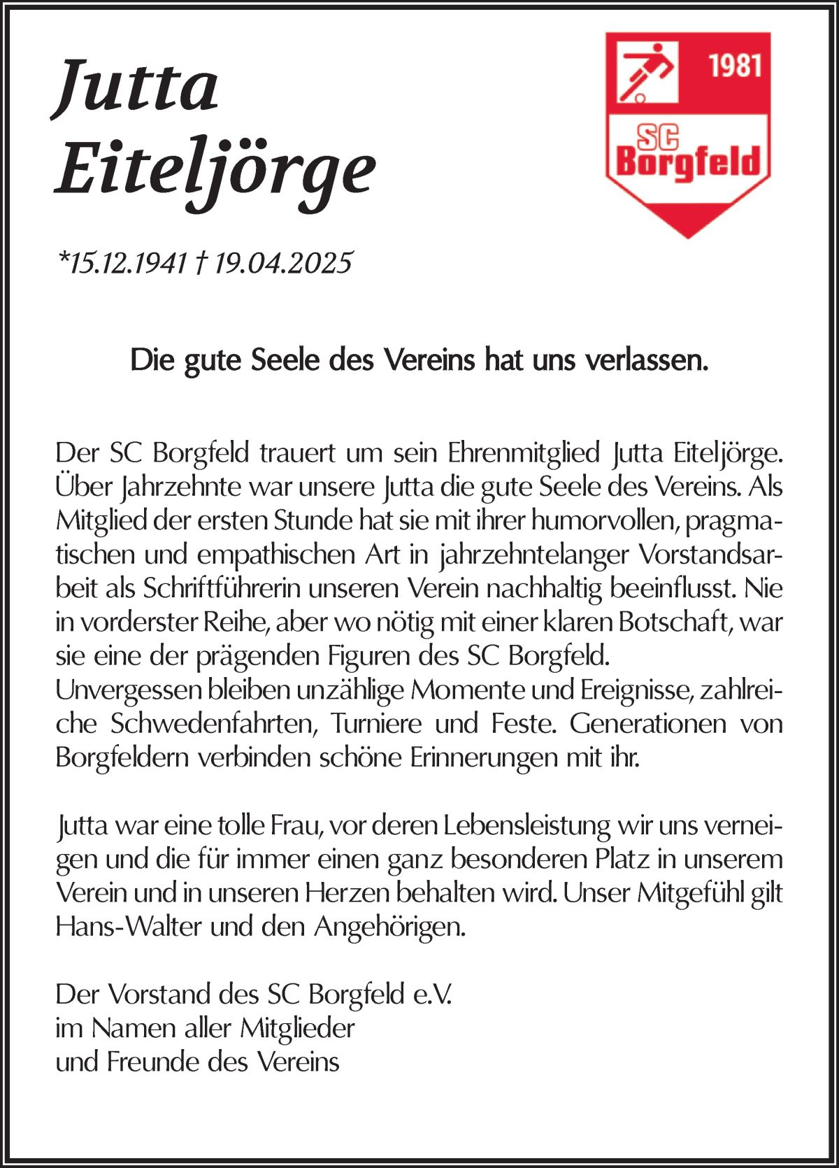 Traueranzeige von Jutta Eiteljörge von Wuemme Zeitung