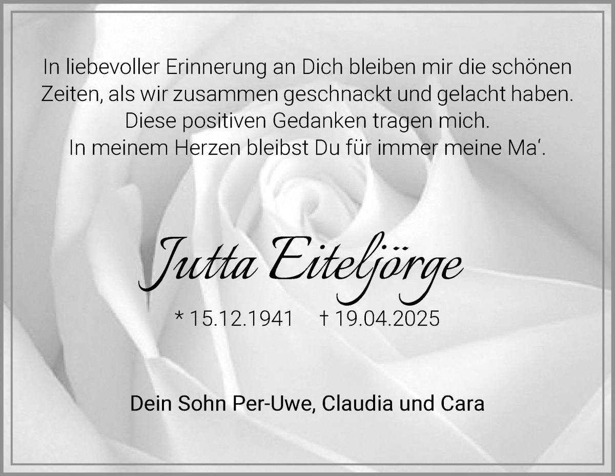 Traueranzeige von Jutta Eiteljörge von WESER-KURIER