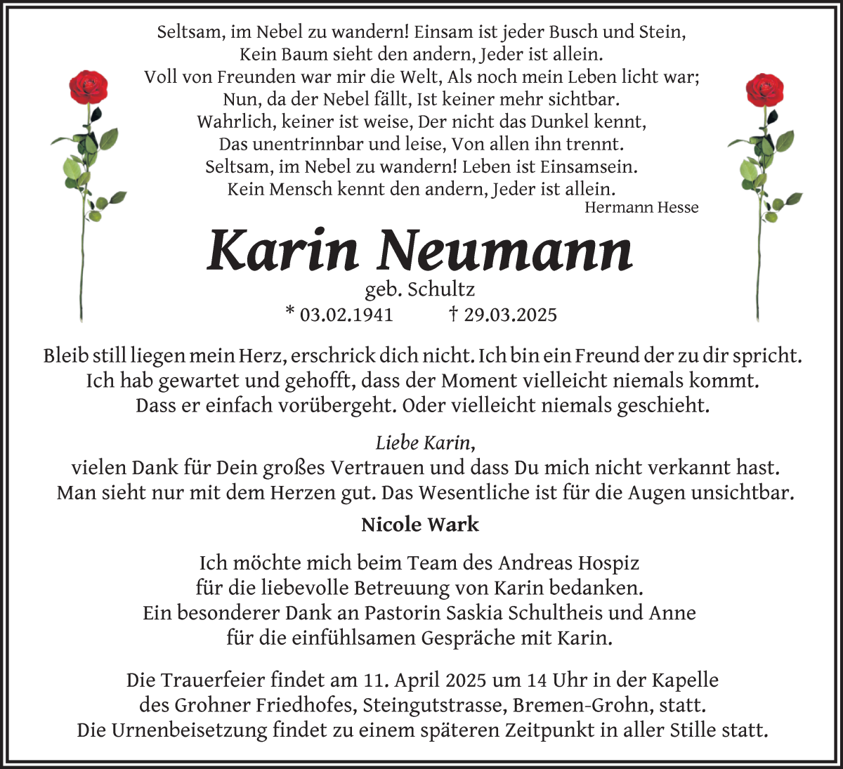 Traueranzeige von Karin Neumann von WESER-KURIER