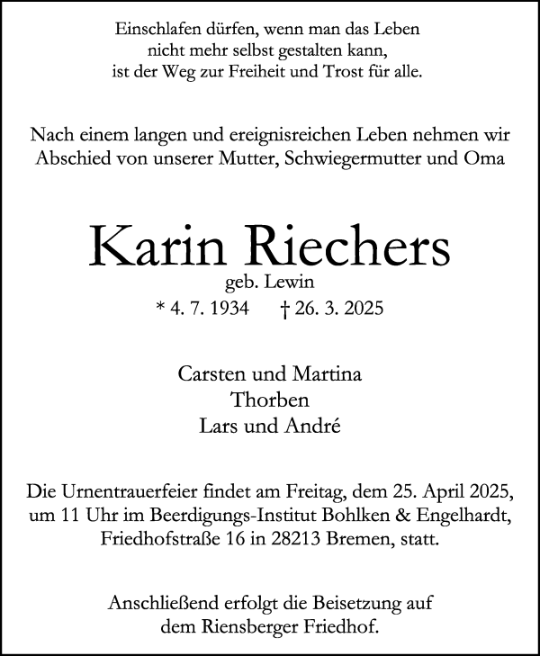 Traueranzeige von Karin Riechers von WESER-KURIER