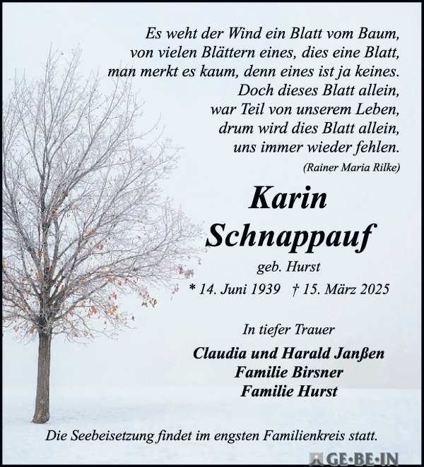 Traueranzeige von Karin Schnappauf von WESER-KURIER