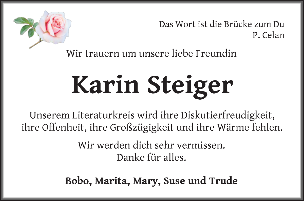 Traueranzeige von Karin Steiger von WESER-KURIER