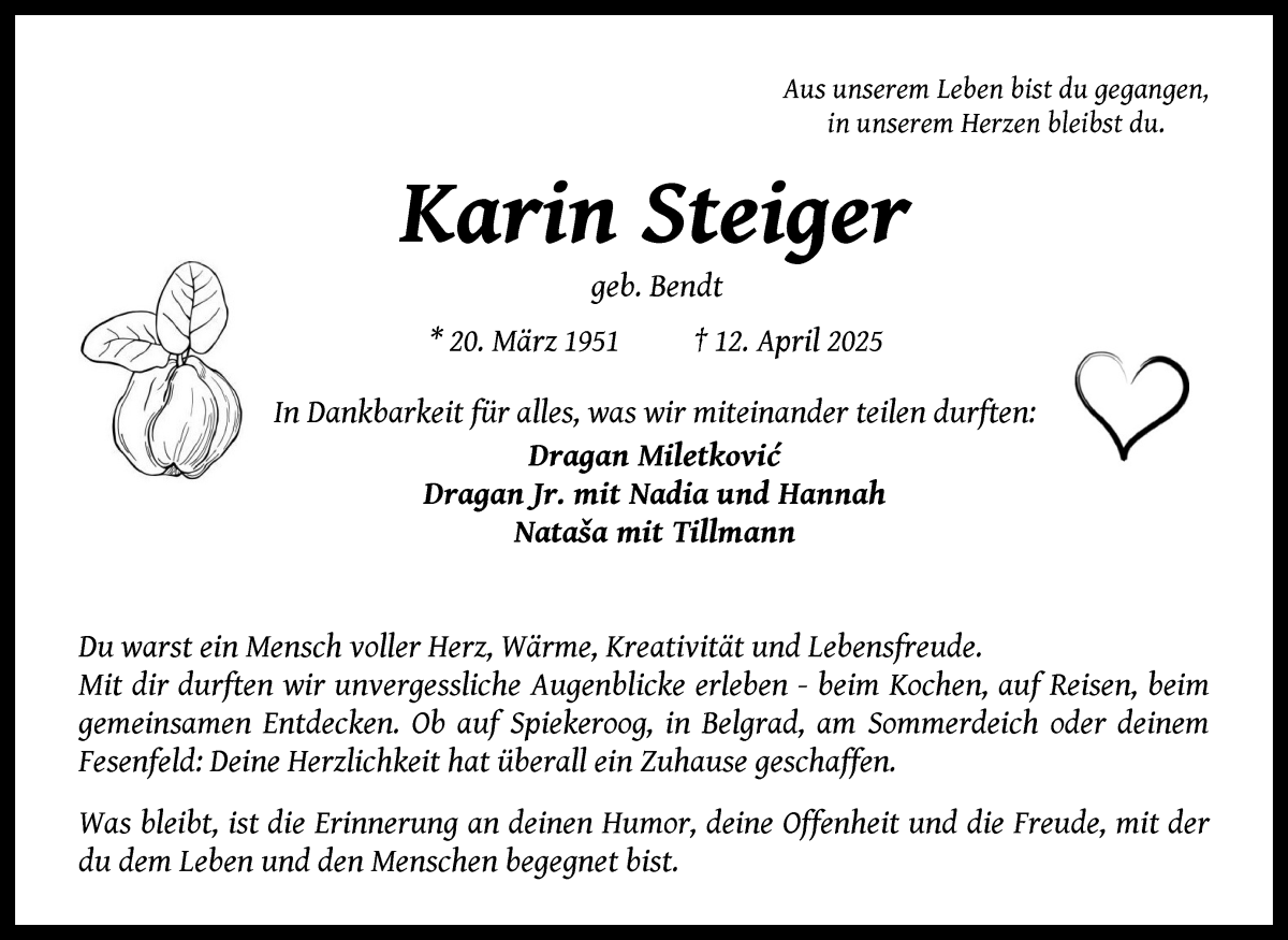 Traueranzeige von Karin Steiger von WESER-KURIER