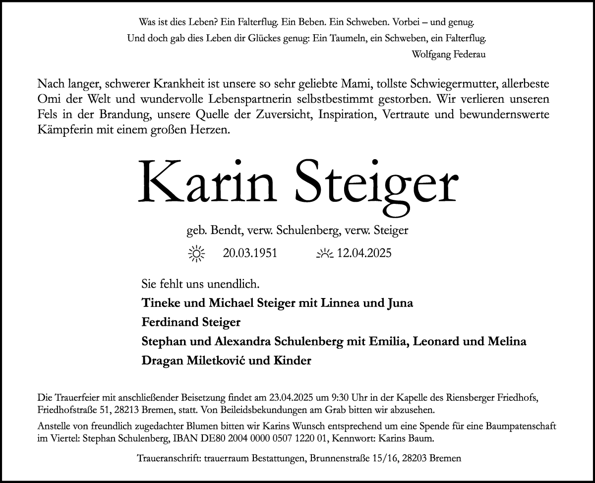 Traueranzeige von Karin Steiger von WESER-KURIER