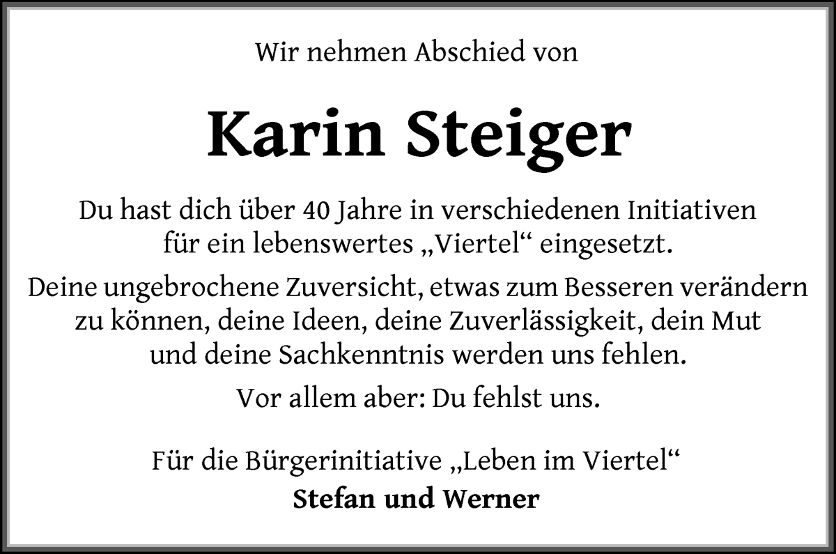Traueranzeige von Karin Steiger von WESER-KURIER