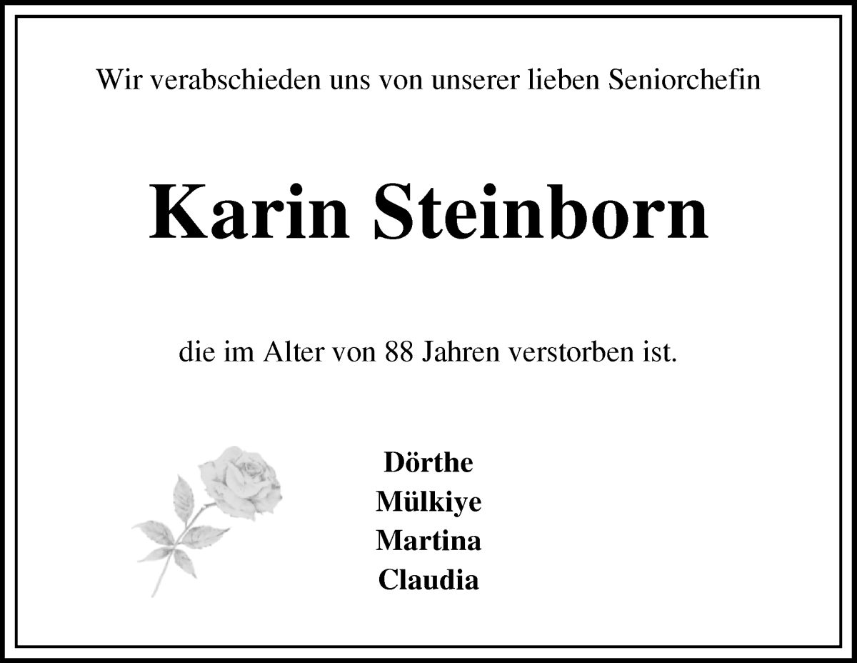 Traueranzeige von Karin Steinborn von Die Norddeutsche
