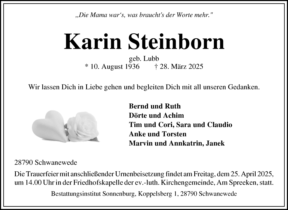 Traueranzeige von Karin Steinborn von Die Norddeutsche