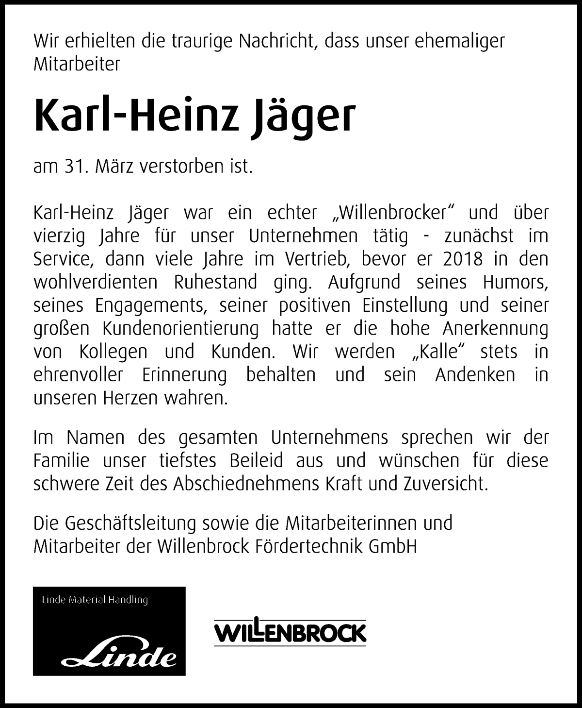 Traueranzeige von Karl-Heinz Jäger von WESER-KURIER