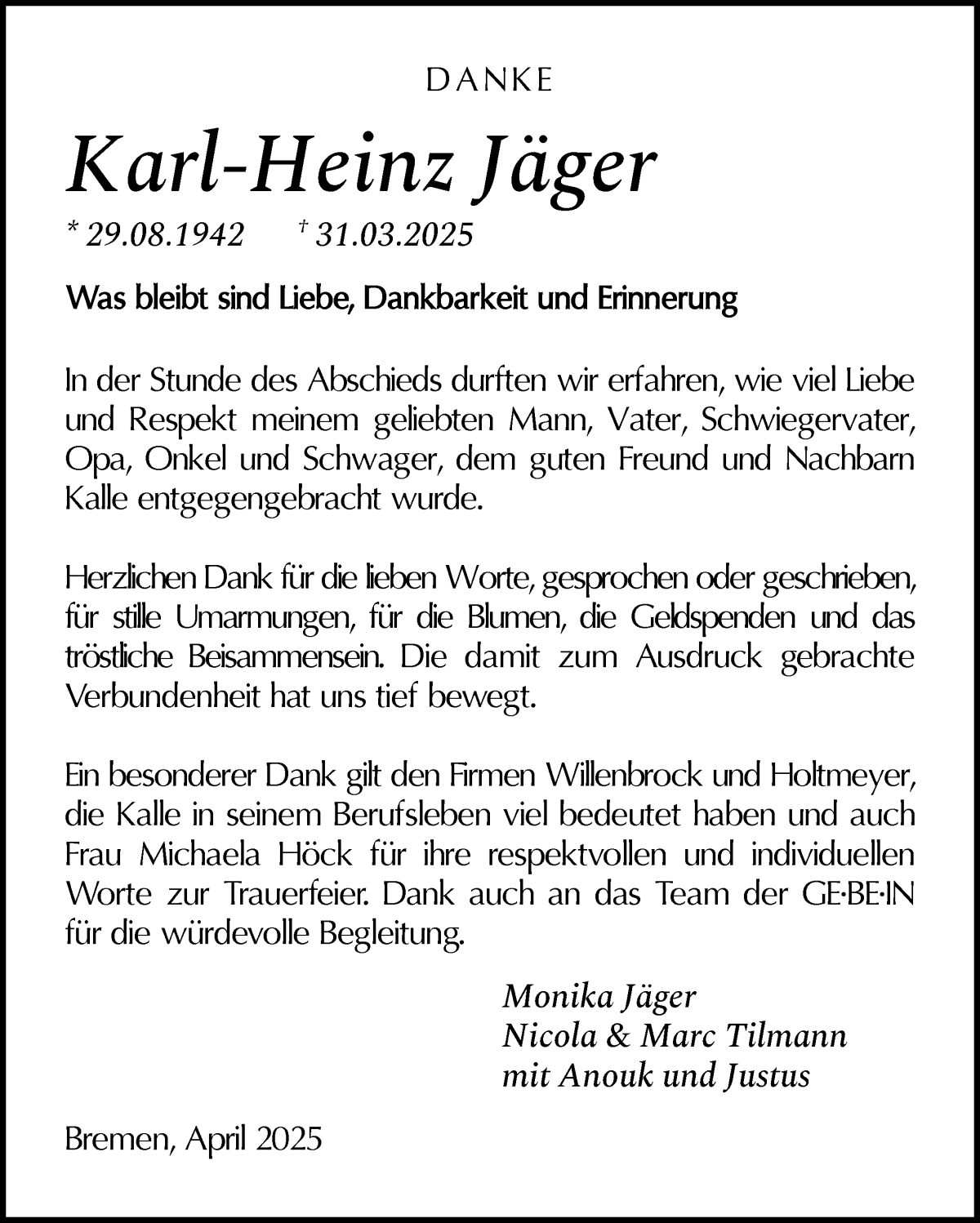 Traueranzeige von Karl-Heinz Jäger von WESER-KURIER