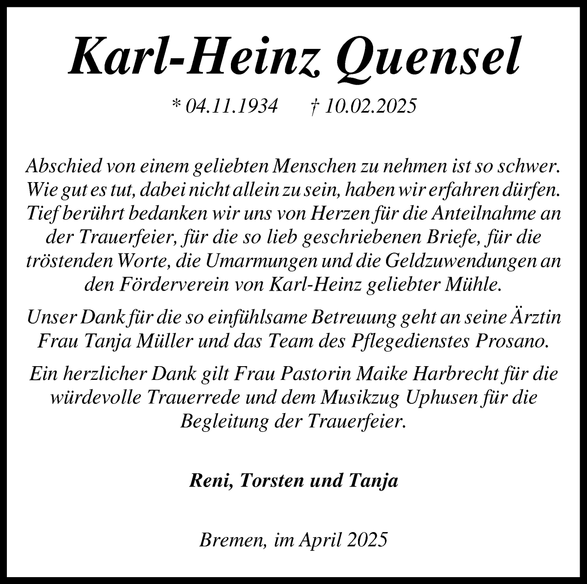 Traueranzeige von Karl-Heinz Quensel von WESER-KURIER