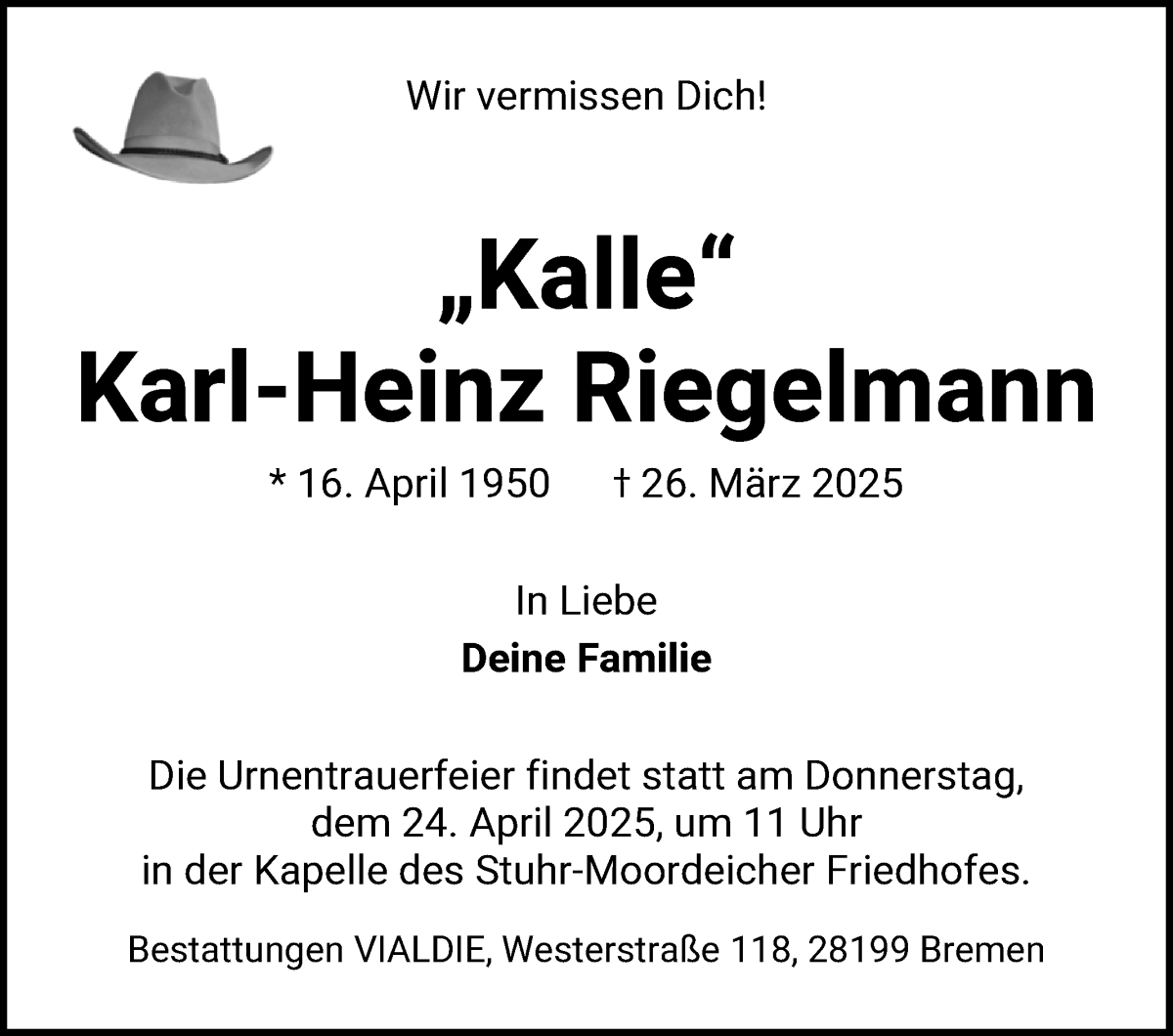 Traueranzeige von Karl-Heinz Riegelmann von WESER-KURIER