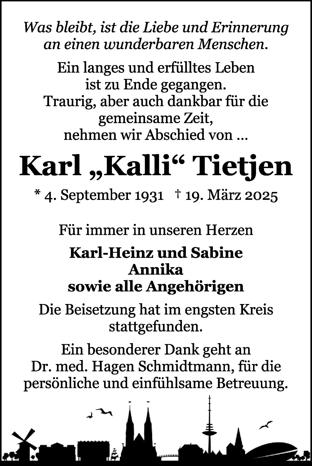 Traueranzeige von Karl Tietjen von WESER-KURIER
