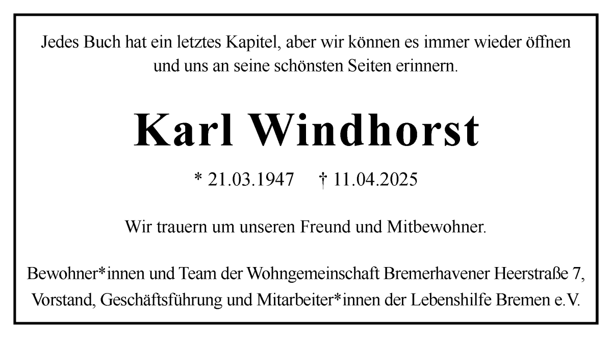 Traueranzeige von Karl Windhorst von WESER-KURIER
