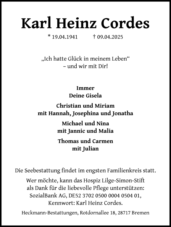 Traueranzeige von Karl Heinz Cordes von Die Norddeutsche